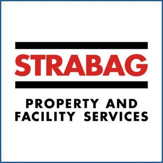 Das Logo von STRABAG zeigt den Firmennamen in kräftigen roten Buchstaben auf einem weißen Hintergrund.