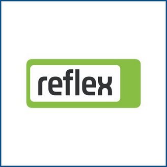 Ein modernes Logo mit dem Wort 'reflex' in schwarzer Schrift auf einem weißen Hintergrund, umgeben von einem grünen Rechteck.