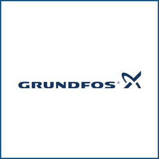 Das Logo von Grundfos zeigt den Schriftzug in blauer Schrift auf weißem Hintergrund, umgeben von einem blauen Rahmen.