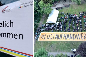 Ein großes Willkommensbanner steht im Vordergrund, während eine Menschenmenge auf einem Rasen versammelt ist.