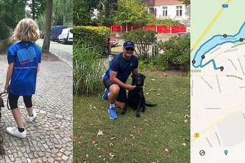 Ein Kind mit lockigem Haar geht mit einem kleinen Hund auf einem gepflasterten Weg, umgeben von Bäumen und einem Zaun.