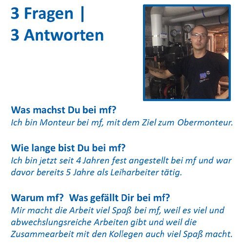 Ein Monteur steht in einem technischen Umfeld, umgeben von Rohren und Maschinen, und beantwortet Fragen zu seiner Arbeit.