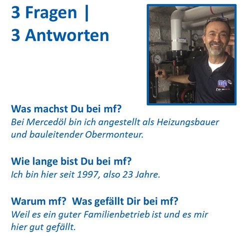 Der Heizungsbauer erklärt seine Rolle bei Mercedöl, während er in einem gut beleuchteten, industriellen Umfeld posiert.