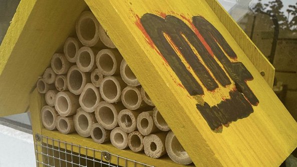 Ein gelbes Insektenhotel mit runden Röhren, die als Nistplätze für Bienen dienen, steht vor einem Fenster.