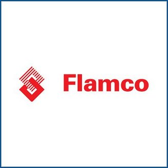 Das Logo von Flamco zeigt ein rotes, stilisiertes Symbol mit einem grafischen Muster und dem Schriftzug in kräftigem Rot.