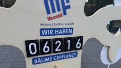 Ein Holzschild mit der Aufschrift 'Wir haben 06216 Bäume gepflanzt', umgeben von einer freundlichen, natürlichen Gestaltung.