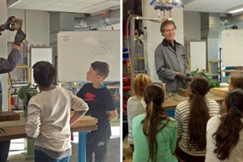 Eine Gruppe von Kindern beobachtet einen Lehrer, der ein Werkzeug in der Hand hält und eine praktische Lektion gibt.