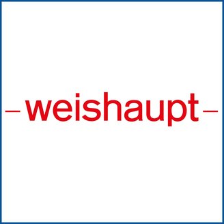 Der Schriftzug 'weishaupt' in kräftigem Rot auf einem weißen Hintergrund, eingerahmt von einem blauen Rand.