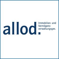 Das Logo von allod. zeigt den Firmennamen in blauer Schrift auf weißem Hintergrund, begleitet von einem Slogan zur Immobilienverwaltung.