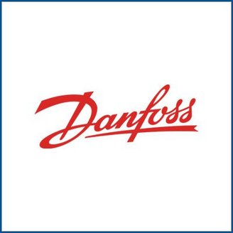 Das Logo von Danfoss in leuchtendem Rot auf weißem Hintergrund, elegant und modern gestaltet.