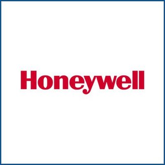Das Logo von Honeywell in kräftigem Rot auf einem weißen Hintergrund, umgeben von einem blauen Rahmen.