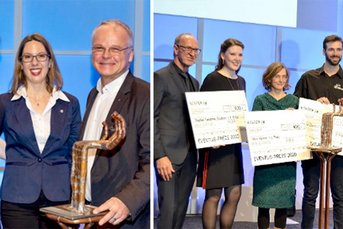 Die Gewinner des Event-Preises 2020 posieren stolz mit ihren Preisen und Schecks, umgeben von jubelnden Kollegen.