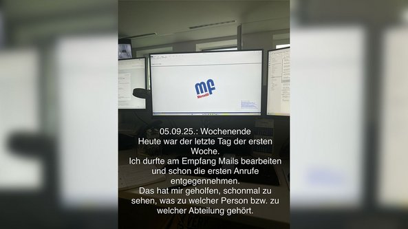 Der letzte Tag der ersten Arbeitswoche wird dokumentiert, mit einem Fokus auf den Empfang von E-Mails und Anrufen.