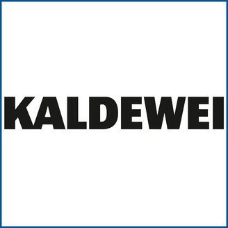 Das Wort 'KALDEWEI' in großen, fetten Buchstaben auf einem weißen Hintergrund, umgeben von einem blauen Rahmen.