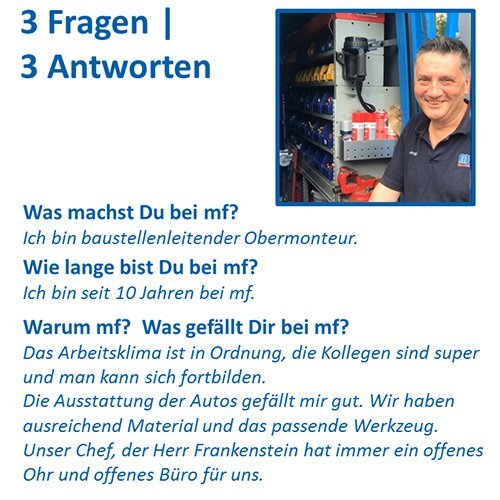 Der Obermonteur beantwortet Fragen zu seiner Tätigkeit und betont das gute Arbeitsklima und die Ausstattung.