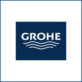 Das Logo von GROHE zeigt den Markennamen in Weiß auf einem tiefblauen Hintergrund, umgeben von stilisierten Wellen.