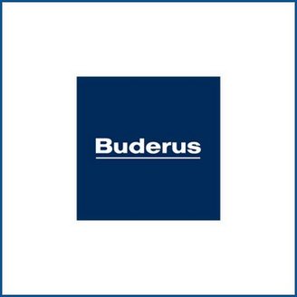 Ein quadratisches Logo mit einem dunkelblauen Hintergrund und dem weißen Schriftzug 'Buderus' in der Mitte.